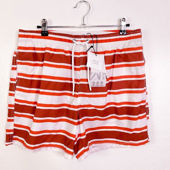 Zara Elastic Waist Pull On Striped Swim Trunks Board Shorts Orange size XL NWT - Picture 9 of 9